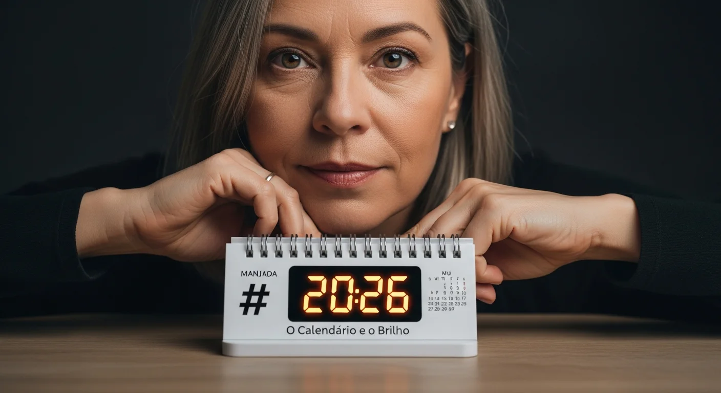 Pessoa pensativa com calendário 2026 destacado, simbolizando aposentadoria idade 2026 saiba, ambiente de escritório moderno.