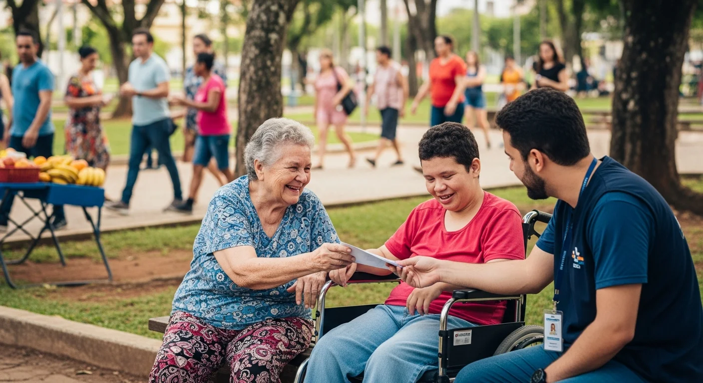 Imagem do BPC LOAS 2026 guia com uma idosa sorridente e uma pessoa com deficiência recebendo apoio em ambiente acolhedor