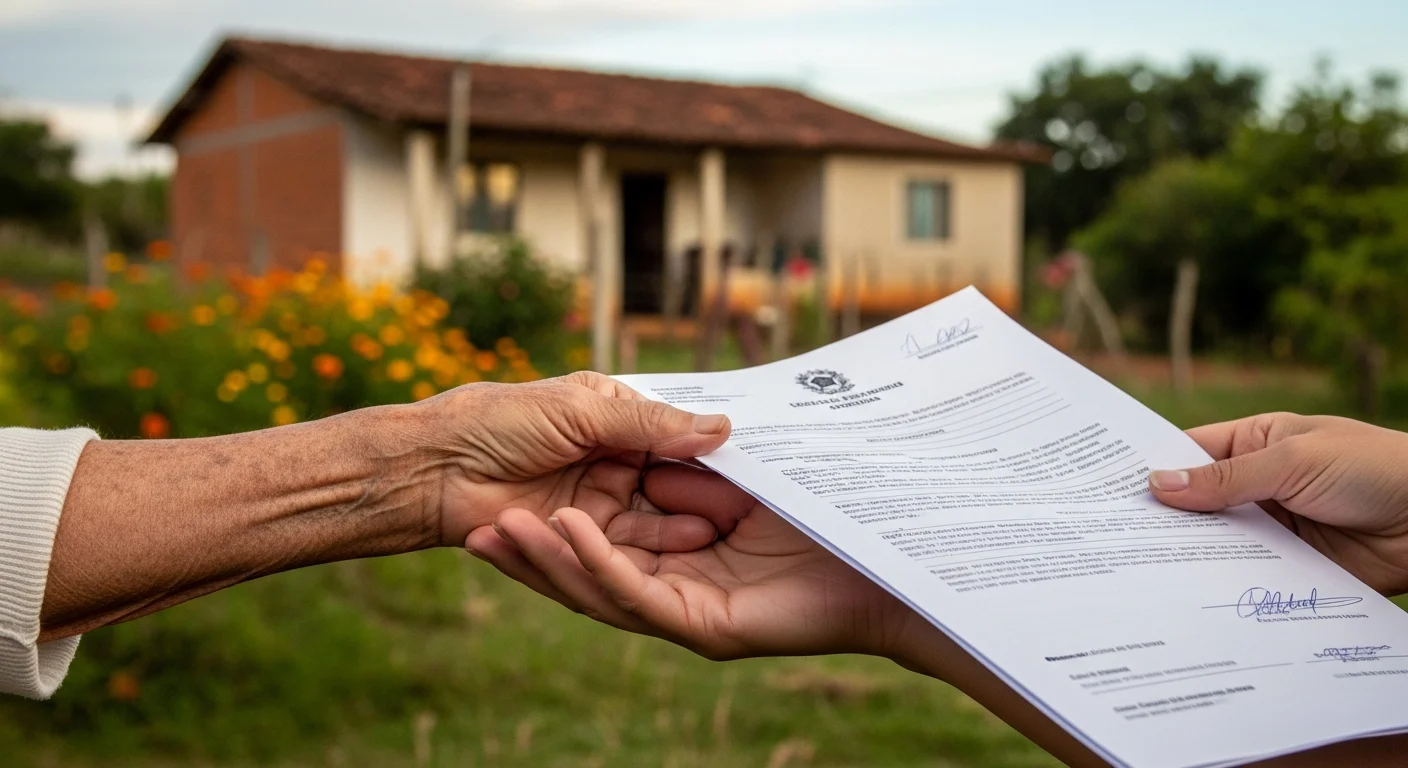 Imagem de apoio e esperança para o BPC LOAS 2026, com mãos de idoso e jovem segurando documento oficial ao fundo de casa simples.