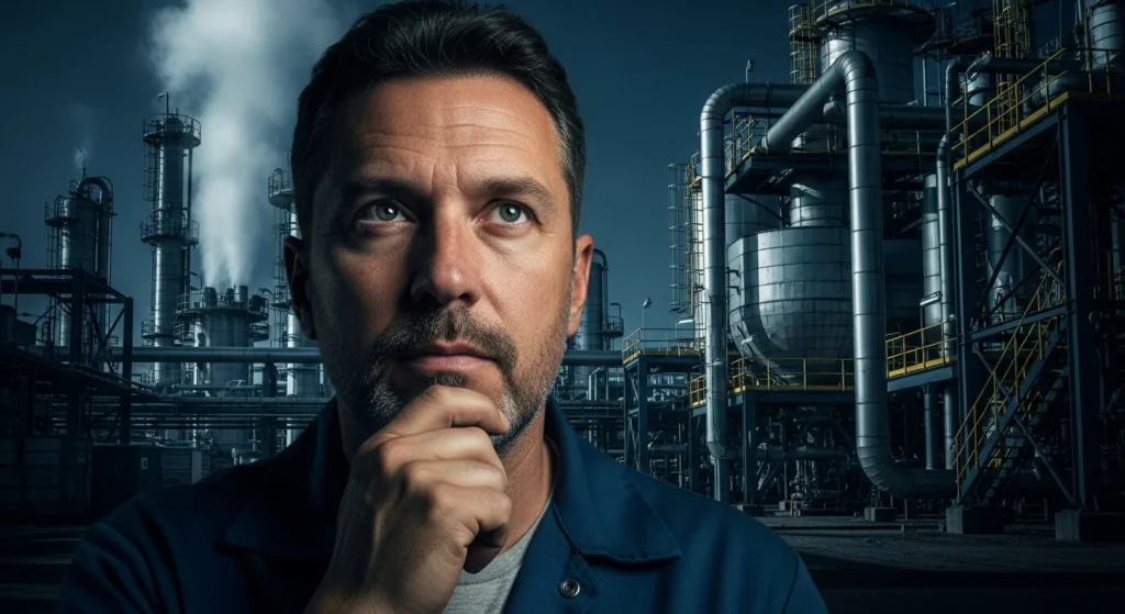 Foto de trabalhador insalubre pensativo em ambiente industrial com poeira e vapor, ilustração da aposentadoria especial.