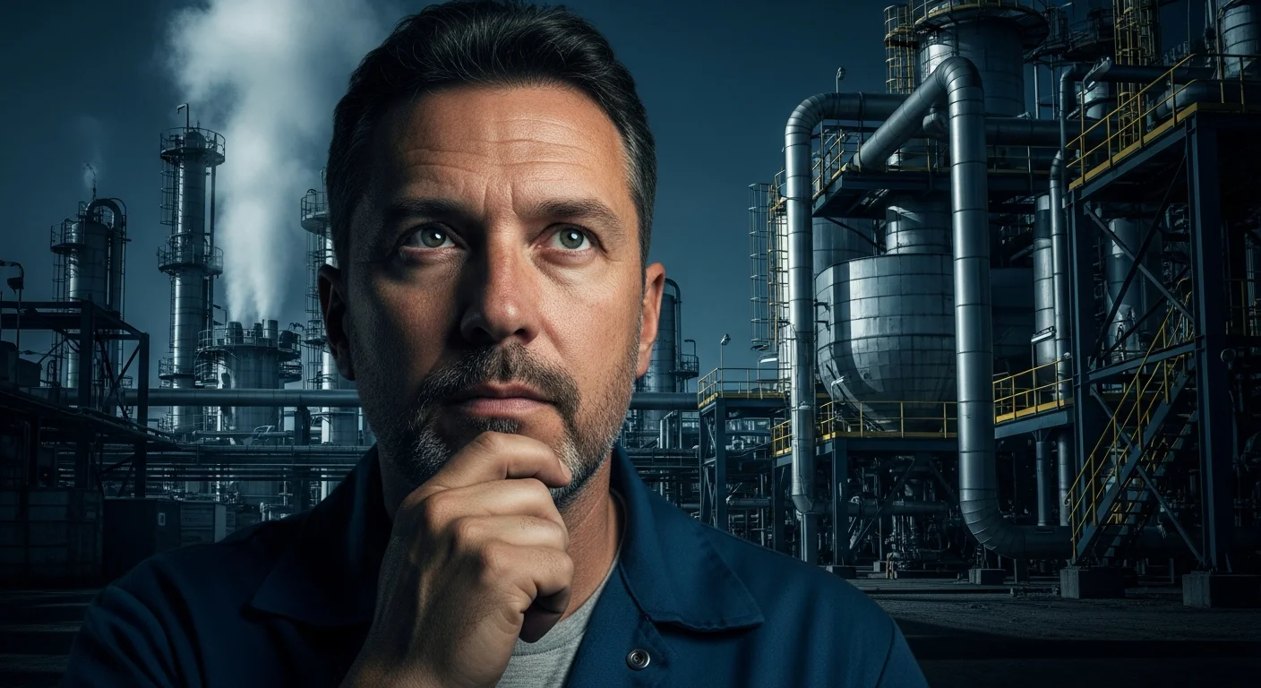 Foto de trabalhador insalubre pensativo em ambiente industrial com poeira e vapor, ilustração da aposentadoria especial.