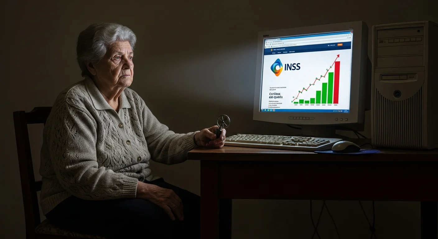 Idosa preocupada em casa, com computador e celular, ilustrando a busca por solução ao bloqueio do benefício pelo INSS